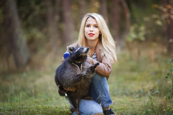 Attraktive junge Frau mit Waschbär — Stockfoto