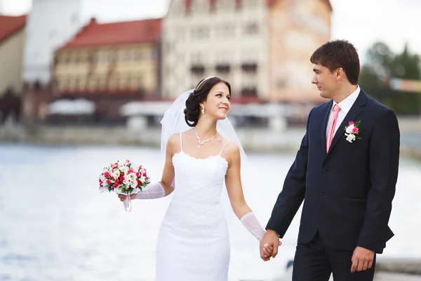 Casamento casal na beira do rio — Fotografia de Stock