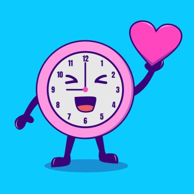 Aşk karakterleri taşıyan sevimli saat çizgi filmi mavi arka planda izole edilmiş vektör.