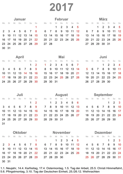 Απλό ημερολόγιο 2017 με δημόσιες αργίες για Γερμανία — Διανυσματικό Αρχείο