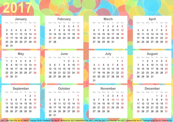 Calendar 2017 background colorful circles USA — Stock Photo, Image