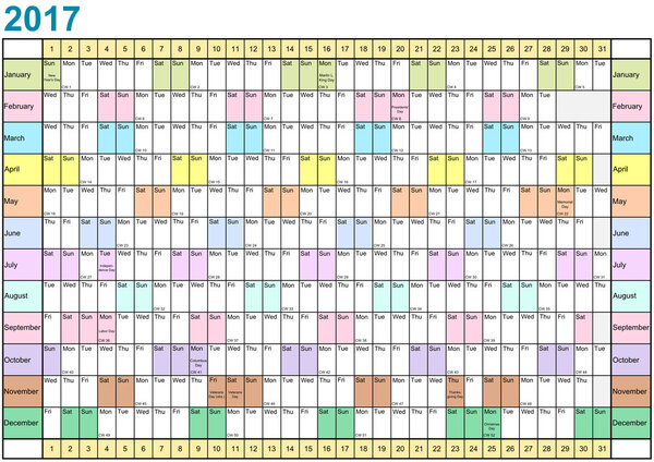 Year Planner 2017 каждый месяц в разных цветах
