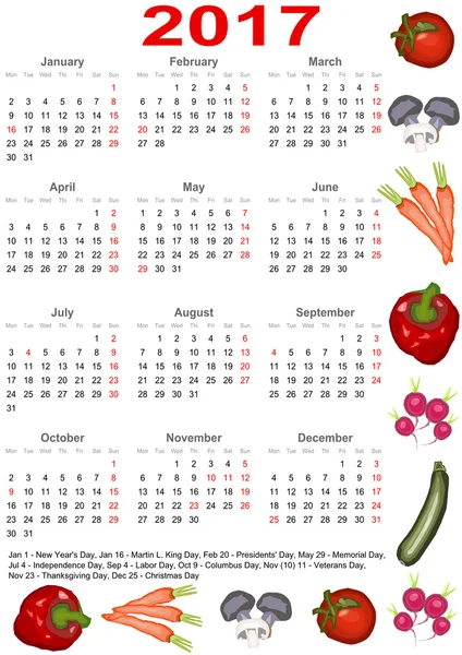 Calendário 2017 para EUA com vários vegetais —  Vetores de Stock