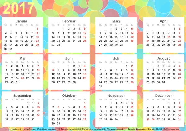Calendário 2017 fundo círculos coloridos GER — Fotografia de Stock