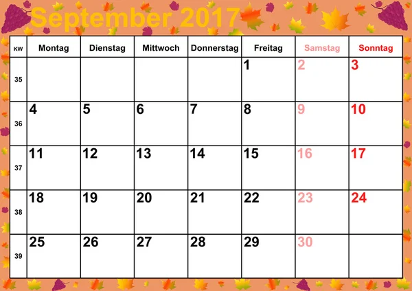 Ημερολόγιο 2017 μήνες Σεπτέμβριο για Γερμανία — Φωτογραφία Αρχείου