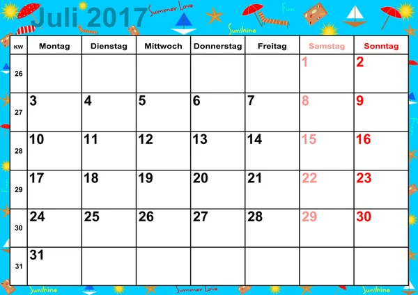 Ημερολόγιο 2017 μήνες Ιούλιο για Γερμανία — Διανυσματικό Αρχείο