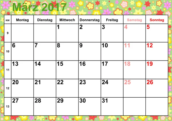 Ημερολόγιο 2017 μήνες Μάρτιο για τη Γερμανία — Διανυσματικό Αρχείο