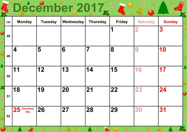 Kalender 2017 maanden December voor Usa — Stockfoto