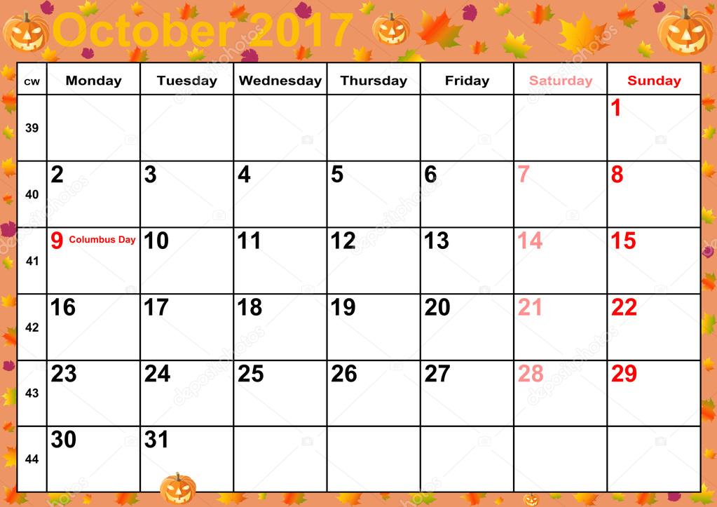Kalender 2017 maanden oktober voor Usa — Stockfoto ...