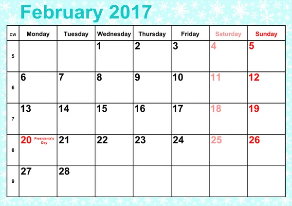 Kalendern 2017 månaderna februari för Usa — Stock vektor