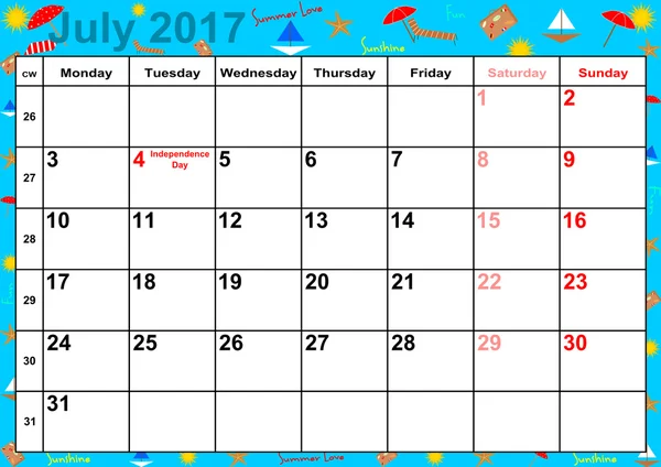 Calendário 2017 meses de julho para os EUA —  Vetores de Stock