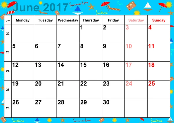 Kalender 2017 maanden juni voor Usa — Stockvector