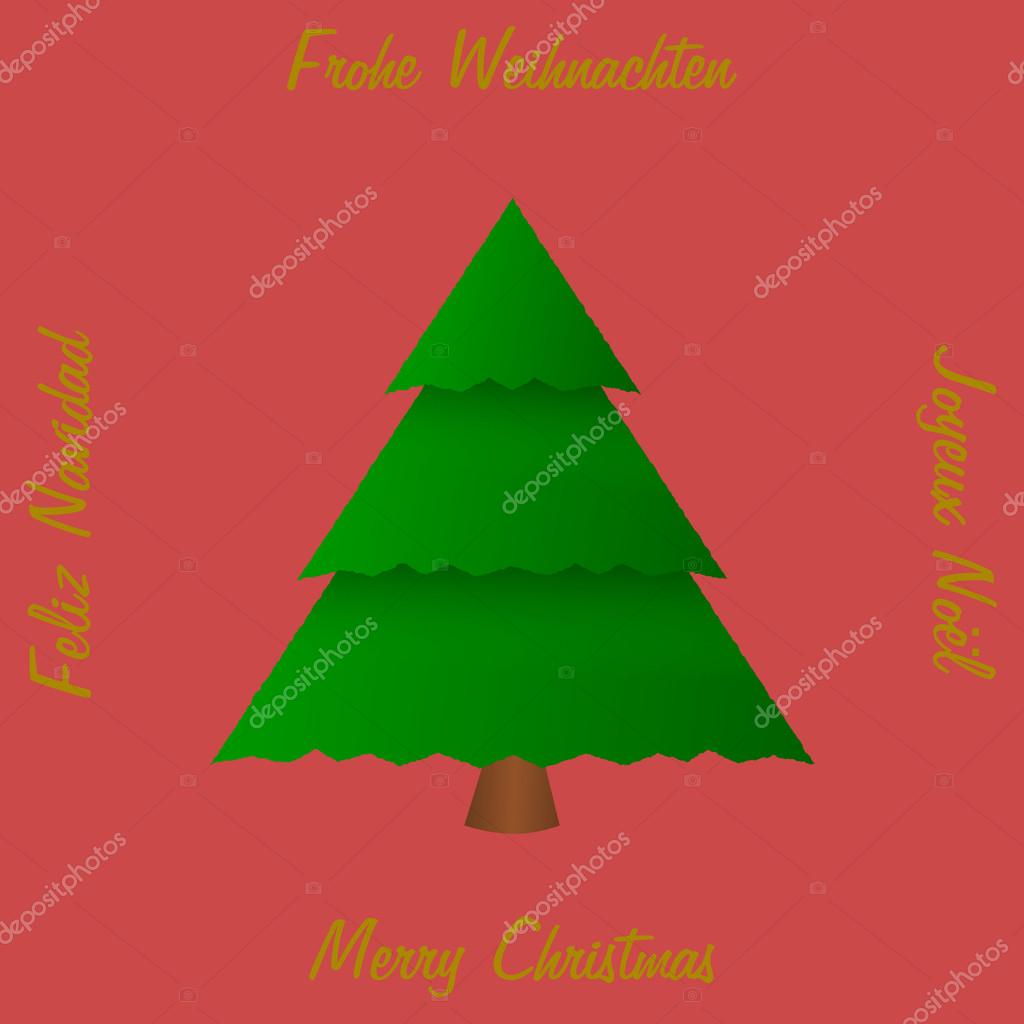 A christmas tree in the middle edged with christmas wishes in four different languages in gold on a red background — ZdjÄ™cie od MKabeck