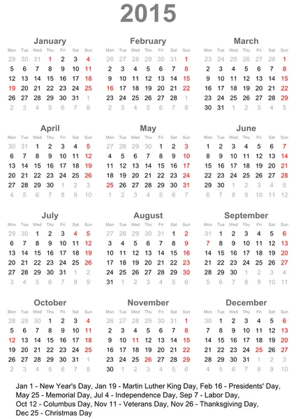 Calendar 2015 for the US — Stock Vector