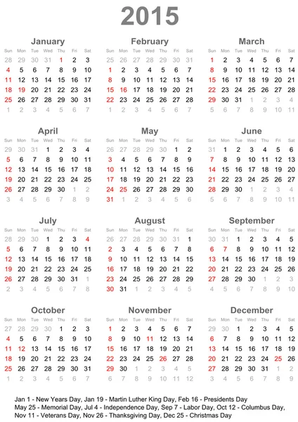 Kalender 2015 voor Usa - week begint op zondag — Stockvector