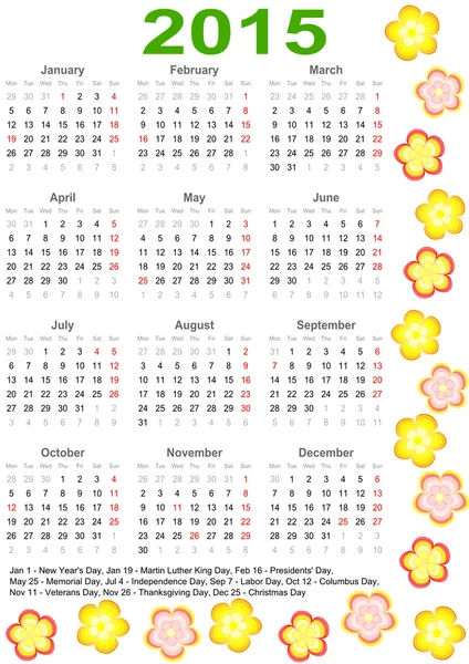 Kalendern 2015 Usa med helgdagar och blommor — Stock vektor