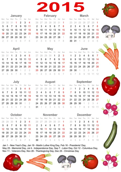 Calendário 2015 para os EUA com verduras — Vetor de Stock