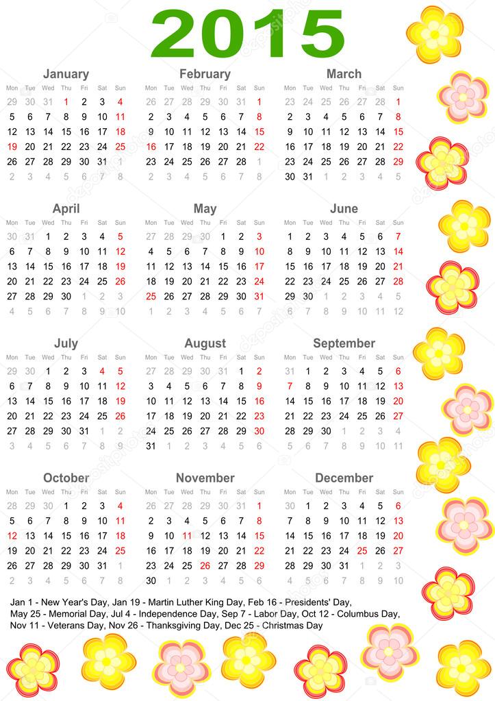 Calendar 2015 USA with holidays and flowers