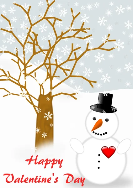 Snowman with a red heart an Valentine's greeting — Stock Photo, Image