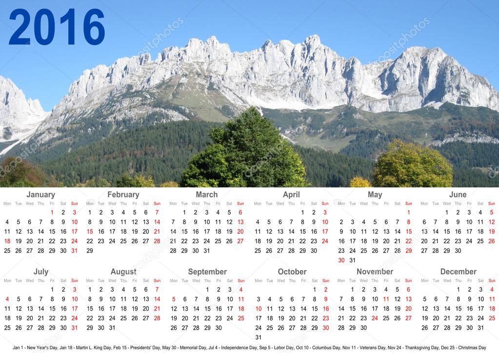 Annual calendar 2016 mountain landscape and holidays USA