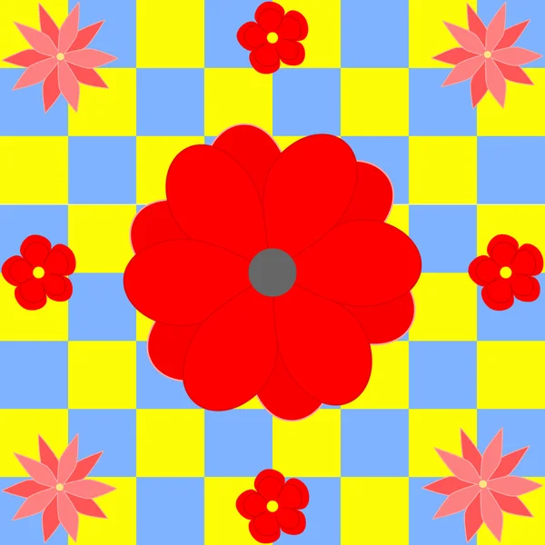 Different red flowers on yellow and blue squares — Stock Vector