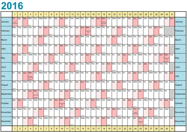 År Planner 2016 linjär med helgdagar för Usa — Stock vektor