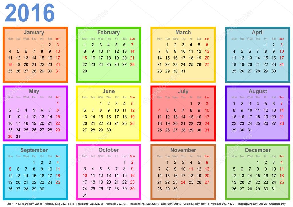 Calendar 2016 with colorful fields per month and holidays USA