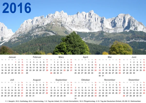 Årliga kalender 2016 berg landskap och helgdagar Tyskland — Stockfoto