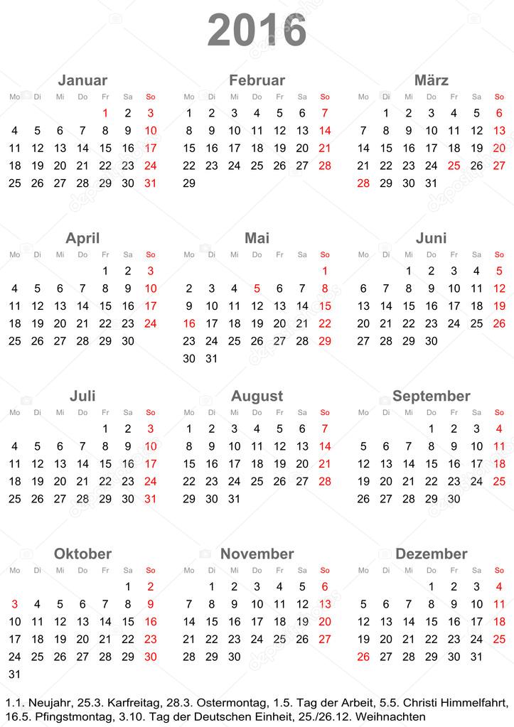 Simple calendar 2016 with public holidays for Germany