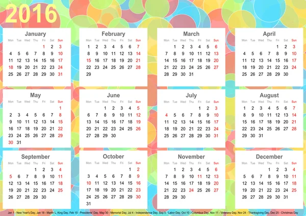 Calendar 2016 background colorful circles USA — Stock Photo, Image