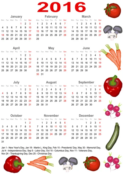 Calendar 2016 for USA with various vegetables — Stock Vector