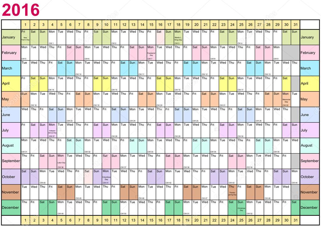 Year Planner 2016 linear each month in different colors