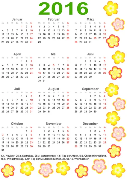 Calendario 2016 para Alemania con flores de colores — Vector de stock