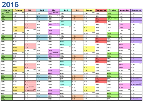 Year Planner 2016 each month in different colors Germany — Stock vektor