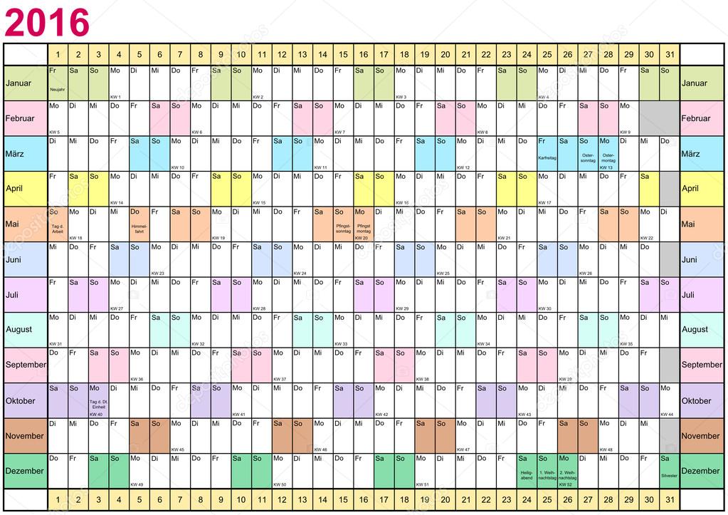 Year Planner 2016 linear each month in different colors Germany