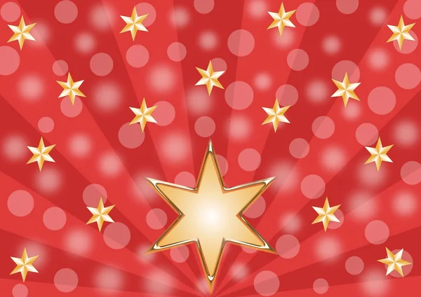 Étoiles dorées brillantes sur un motif de rayons rouges — Photo