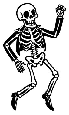 Klasik cadılar bayramı tarzında dans eden iskelet silueti. Ürkütücü festival karakterleri dans ediyor. Vektör illüstrasyonu