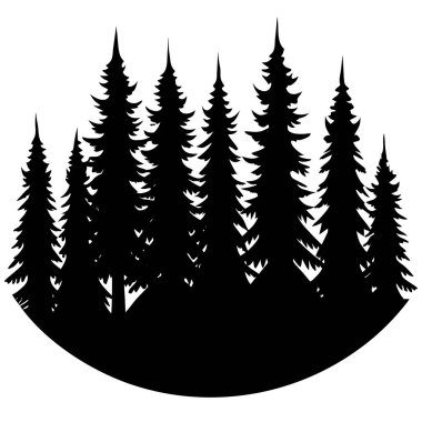 Detaylı dalları olan bir çam ağacının siyah silueti. Açık hava markalaşması, kış teması, kamp grafikleri, yürüyüş tasarımları, ekolojik logolar, minimalist manzaralar ve Noel süslemeleri için mükemmel..