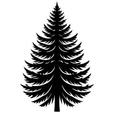 Detaylı dalları olan bir çam ağacının siyah silueti. Açık hava markalaşması, kış teması, kamp grafikleri, yürüyüş tasarımları, ekolojik logolar, minimalist manzaralar ve Noel süslemeleri için mükemmel..