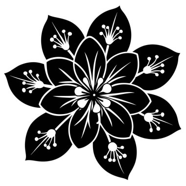 Narin dalları ve çiçekleri olan bir kiraz ağacının siyah silueti. Bahar tasarımları, Japon temaları, doğa logoları, refah markaları ve minimalist çizimler için mükemmel..