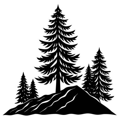 Detaylı dalları olan bir çam ağacının siyah silueti. Açık hava markalaşması, kış teması, kamp grafikleri, yürüyüş tasarımları, ekolojik logolar, minimalist manzaralar ve Noel süslemeleri için mükemmel..