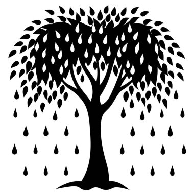 Söğüt ağacının uzun dallı siyah silueti. Doğa ve refah tasarımları, meditasyon temaları, şiirsel sanat eserleri, ekolojik markalaşma, minimalist logolar ve sakin manzara çizimleri için ideal.