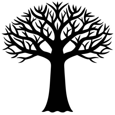 Kalın gövdeli ve dalları yayılmış bir baobab ağacının siyah silueti. Afrika doğa tasarımları, safari logoları, ekolojik kavramlar, seyahat markaları ve minimalist vektör sanat projeleri için mükemmel..