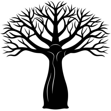 Kalın gövdeli ve dalları yayılmış bir baobab ağacının siyah silueti. Afrika doğa tasarımları, safari logoları, ekolojik kavramlar, seyahat markaları ve minimalist vektör sanat projeleri için mükemmel..