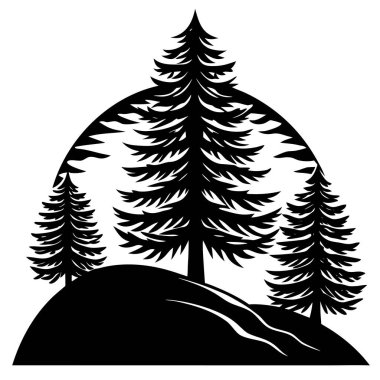 Detaylı dalları olan bir çam ağacının siyah silueti. Açık hava markalaşması, kış teması, kamp grafikleri, yürüyüş tasarımları, ekolojik logolar, minimalist manzaralar ve Noel süslemeleri için mükemmel..