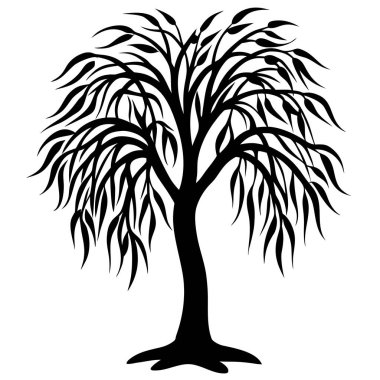Söğüt ağacının uzun dallı siyah silueti. Doğa ve refah tasarımları, meditasyon temaları, şiirsel sanat eserleri, ekolojik markalaşma, minimalist logolar ve sakin manzara çizimleri için ideal.