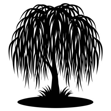 Söğüt ağacının uzun dallı siyah silueti. Doğa ve refah tasarımları, meditasyon temaları, şiirsel sanat eserleri, ekolojik markalaşma, minimalist logolar ve sakin manzara çizimleri için ideal.