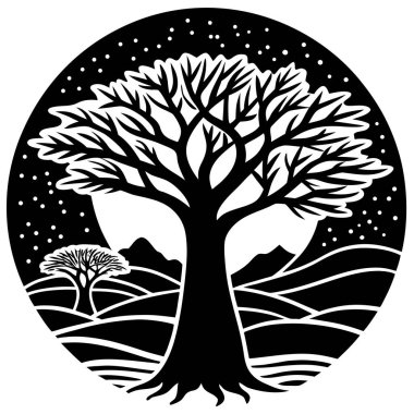 Kalın gövdeli ve dalları yayılmış bir baobab ağacının siyah silueti. Afrika doğa tasarımları, safari logoları, ekolojik kavramlar, seyahat markaları ve minimalist vektör sanat projeleri için mükemmel..