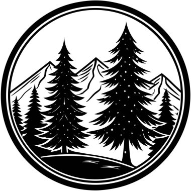 Detaylı dalları olan bir çam ağacının siyah silueti. Açık hava markalaşması, kış teması, kamp grafikleri, yürüyüş tasarımları, ekolojik logolar, minimalist manzaralar ve Noel süslemeleri için mükemmel..