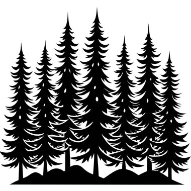 Detaylı dalları olan bir çam ağacının siyah silueti. Açık hava markalaşması, kış teması, kamp grafikleri, yürüyüş tasarımları, ekolojik logolar, minimalist manzaralar ve Noel süslemeleri için mükemmel..